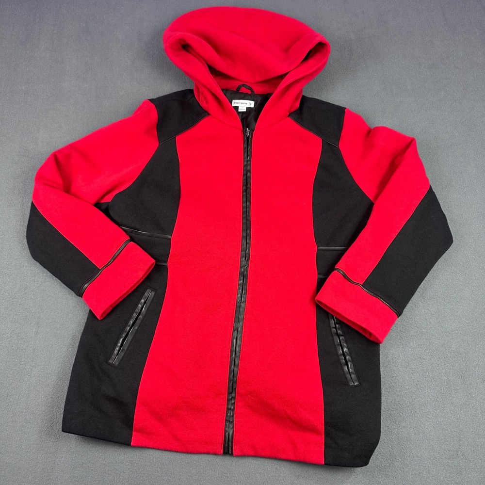 Susan Graver Womens Red Black Colorblock Faux Leather Trim Hooded Jacket Large